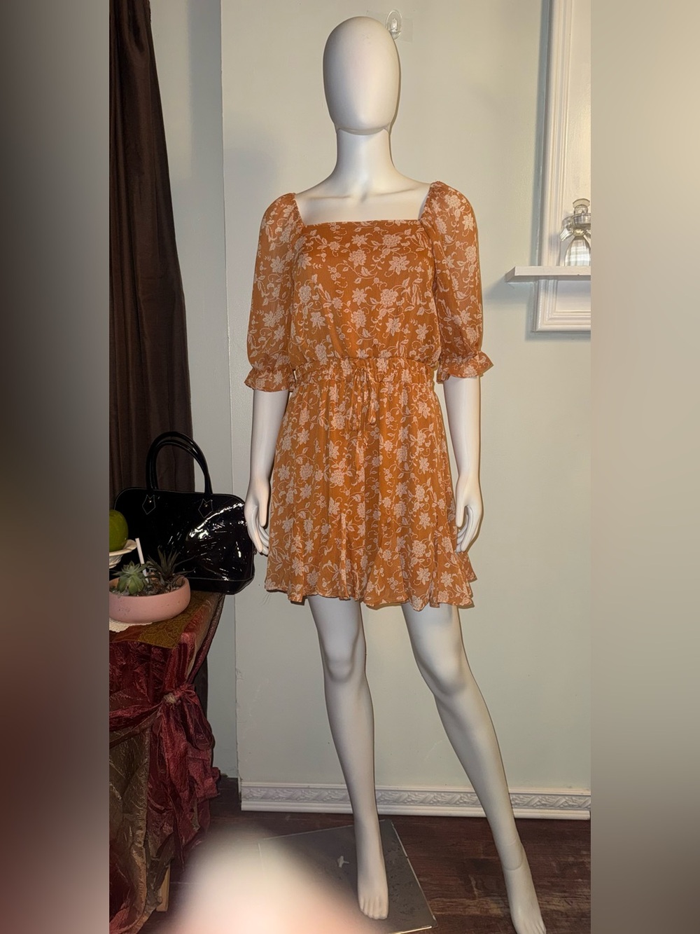 Square-Neck Floral Mini Dress in Burnt Orange